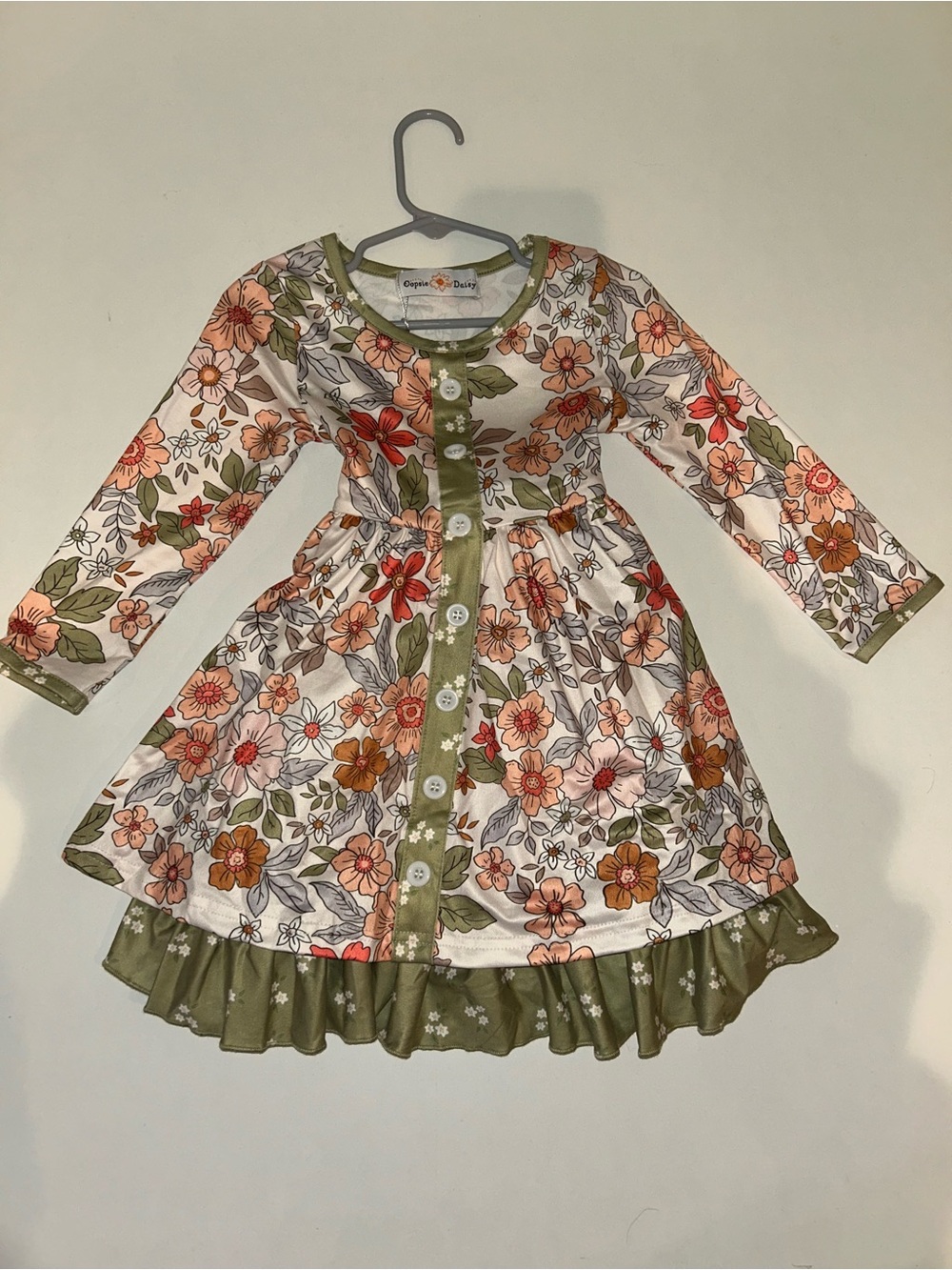Copper Key Floral Button-Front Kids Dress in Olive and Peach